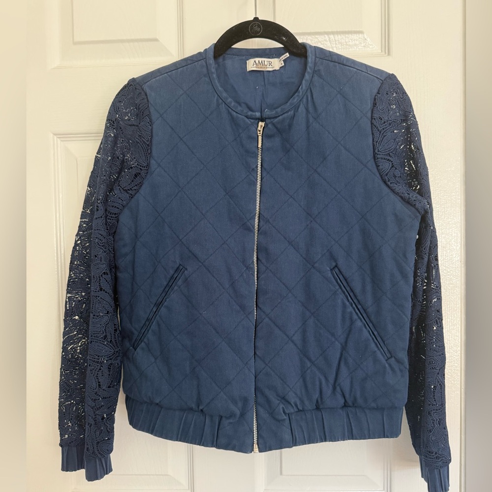 Amur quilted bomber navy jacket with lace sleeves